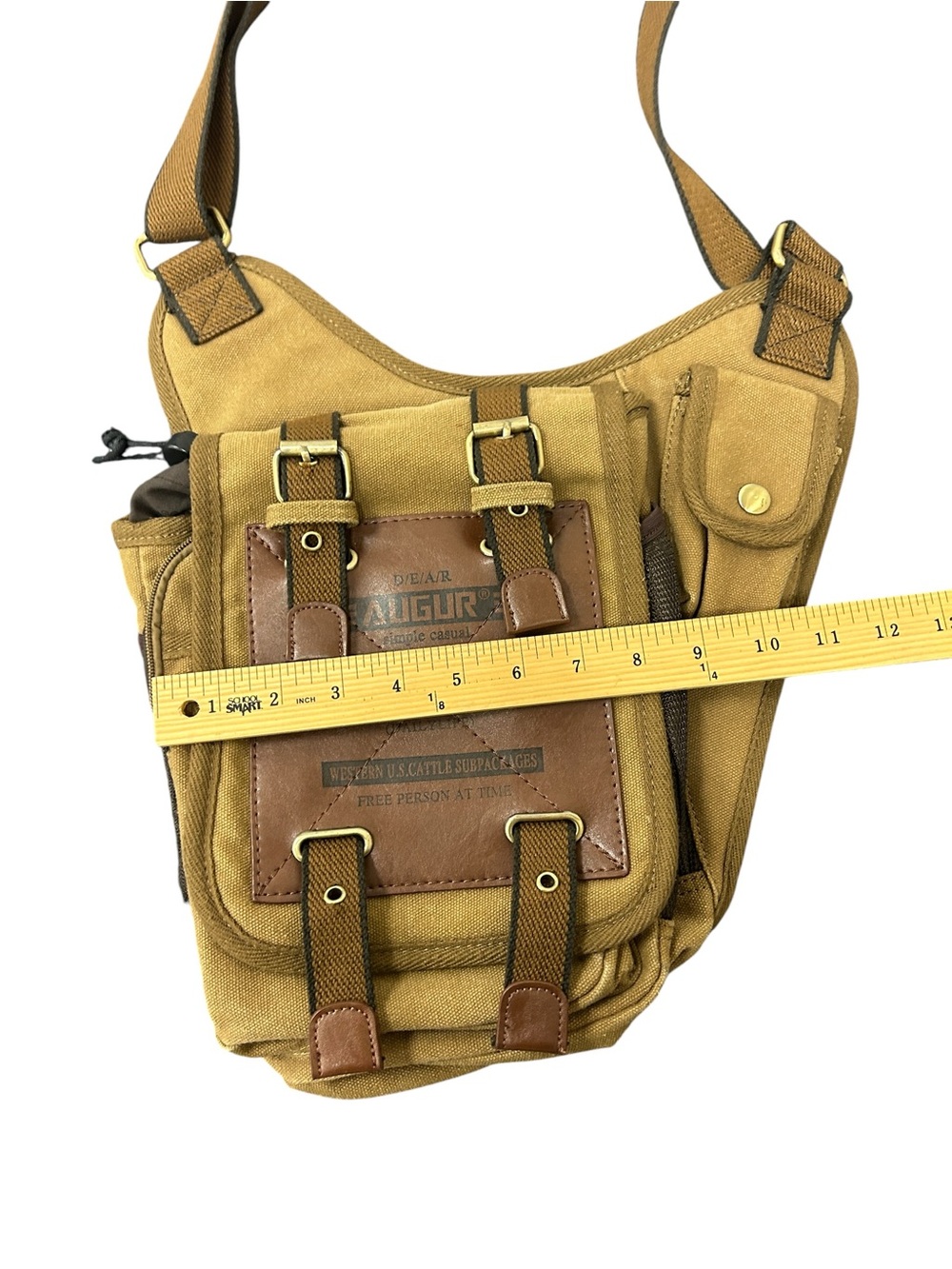 Augur Canvas Utility Crossbody Bag Tan Brown Multi Pocket Adjustable Strap - Picture 7 of 8